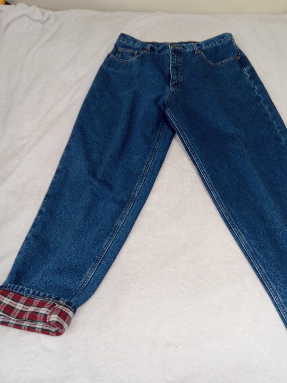 Eddie Bauer Flannel Lined Jeans Womens 14 Blue Denim Plaid Lined Straight Leg